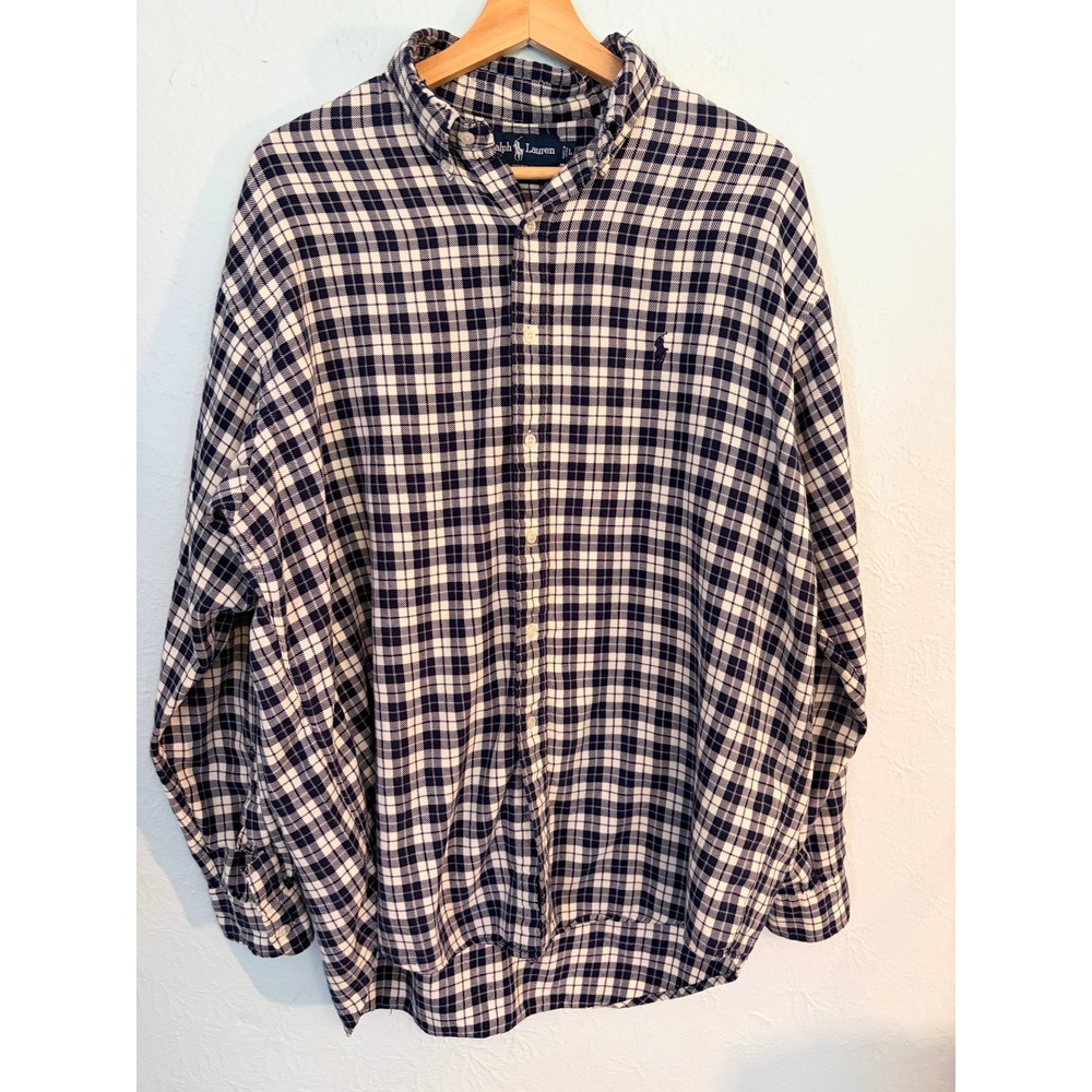 Ralph Lauren Blake Shirt Large Navy White Plaid Cotton Button Down Preppy School